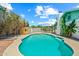 Backyard pool with blue tile trim surrounded by concrete and a fence with mature landscaping and shed at 4346 W Mescal St, Glendale, AZ 85304