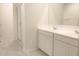Bathroom featuring double sink vanity with white cabinets, large mirror, and glass shower at 4747 S Carver --, Mesa, AZ 85212