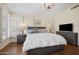 Cozy main bedroom with plantation shutters, chandelier, and ample natural light at 15064 N 54Th Way, Scottsdale, AZ 85254