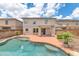 Backyard oasis featuring a sparkling pool, lush greenery, and desert landscaping at 1821 E Patrick Ln, Phoenix, AZ 85024