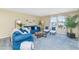 Bright living room featuring blue sofas, plush chairs, and a large window with neighborhood views at 1821 E Patrick Ln, Phoenix, AZ 85024