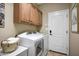 Functional laundry room with modern appliances, ample cabinet storage, and convenient access door at 23309 N Las Positas Ct, Sun City West, AZ 85375
