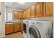Spacious laundry room with abundant cabinetry and modern, front loading washer and dryer at 3225 E Cardinal Ct, Chandler, AZ 85286