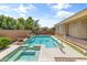 A refreshing backyard pool and spa are accentuated by desert landscaping and a covered patio at 3225 E Cardinal Ct, Chandler, AZ 85286