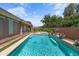 Inviting backyard pool with tanning ledge, mature landscaping, and brick privacy wall, perfect for outdoor enjoyment at 3225 E Cardinal Ct, Chandler, AZ 85286