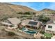 Aerial view of a property showcasing a pool, outdoor patio, and well-maintained landscaping in a residential area at 6326 W Misty Willow Ln, Glendale, AZ 85310