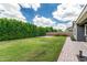 Spacious backyard with lush green lawn, mature hedges for privacy, and a paver walkway leading to the house at 7528 E Peralta Ave, Mesa, AZ 85212