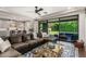 Open-concept living room with a large sectional couch and a view of outdoor patio with a fireplace at 7528 E Peralta Ave, Mesa, AZ 85212