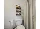 Close-up of bathroom featuring a toilet, towel rack, and shower with curtain at 2845 E Irwin Ave, Mesa, AZ 85204