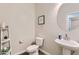 Powder bathroom features pedestal sink, updated fixtures and stylish decor at 94 S 189Th Ln, Buckeye, AZ 85326