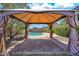 View of the pool from inside the backyard gazebo with privacy curtains at 1903 E Jasper Dr, Chandler, AZ 85225