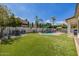 Lush backyard featuring artificial grass, a sparkling pool, and mature landscaping for outdoor enjoyment at 3190 S Holguin Way, Chandler, AZ 85248