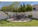 Outdoor gathering space with a fire pit, surrounded by chairs on a stone patio and artificial grass at 3190 S Holguin Way, Chandler, AZ 85248