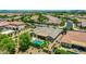 Aerial shot showcasing a private backyard oasis with a sparkling pool, lush landscaping, and a covered patio at 3400 S Whetstone Pl, Chandler, AZ 85286