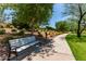 A serene community park features a walking path, mature trees, and a bench for relaxing and enjoying the outdoors at 3400 S Whetstone Pl, Chandler, AZ 85286