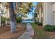 A paved path leads to a waterfront view, nestled among trees and green landscaping alongside a white building at 5200 S Lakeshore Dr # 120, Tempe, AZ 85283
