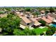 Aerial view of a home with a green yard, covered patio, and mature trees, with mountain views in the background at 7625 W Dreyfus Dr, Peoria, AZ 85381