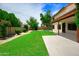 Expansive backyard with verdant lawn, mature trees, and covered patio, perfect for outdoor living at 7625 W Dreyfus Dr, Peoria, AZ 85381