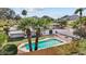 Aerial view of backyard with a shimmering pool, palm trees and mountain backdrop at 842 E Village Circle N Dr, Phoenix, AZ 85022