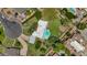 Aerial view showcases the backyard featuring a swimming pool, green grass, mature trees and a two-car carport at 1298 E Buffalo St, Chandler, AZ 85225