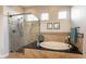 Luxurious main bathroom featuring a glass-enclosed shower and a soaking tub at 1617 E Copper Holw, Queen Creek, AZ 85140