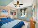 Bright bedroom with a ceiling fan, closet, and blue accent wall at 2575 E Coronita Cir, Chandler, AZ 85225