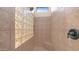 Modern shower featuring glass block window and tiled walls at 7841 E Stonecliff Cir, Mesa, AZ 85207