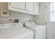 Clean, white laundry area equipped with a washer, dryer, cabinets and an exterior door at 11631 N 30Th St, Phoenix, AZ 85028