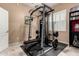 Bright workout room featuring power rack with weight bench and access to bathroom at 1268 N Pine St, Gilbert, AZ 85233