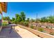 A spacious patio with an outdoor table and a view of the surrounding neighborhood and lush green trees under a clear blue sky at 194 E Canyon Creek Dr, Gilbert, AZ 85295