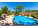 Sparkling pool with surrounding patio, lush green landscaping and a comfortable outdoor dining area at 194 E Canyon Creek Dr, Gilbert, AZ 85295