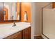 Bathroom with an orange wall, a vanity with a white sink, and a glass door shower at 35952 W Catalonia Dr, Maricopa, AZ 85138