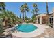 Inviting pool surrounded by desert landscaping and mature palm trees, creating a private backyard oasis at 12183 E Mercer Ln, Scottsdale, AZ 85259