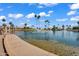 A peaceful pond with a central fountain, surrounded by palm trees and lush landscaping at 811 S 79Th Way, Mesa, AZ 85208