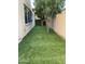 A well-maintained backyard featuring artificial turf, mature trees, and a private block wall, perfect for outdoor enjoyment at 1128 E Phelps St, Gilbert, AZ 85295