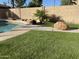 Relaxing pool area featuring artificial turf, a stone border, palm tree, and decorative rocks, creating a tranquil oasis at 1128 E Phelps St, Gilbert, AZ 85295