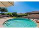 Backyard features a refreshing pool with tanning ledge and steps surrounded by lush landscaping and an umbrella at 1128 E Phelps St, Gilbert, AZ 85295