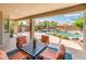 Covered patio with furniture overlooking the backyard pool and barbecue at 2171 E Iris Dr, Chandler, AZ 85286