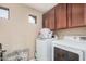 Bright laundry room with washer, dryer, cabinet storage, and natural light at 2748 E Dennisport Ave, Gilbert, AZ 85295