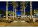 Night view of a community area showcasing lighted palm trees and a water fountain at 4571 N Arbor Way, Buckeye, AZ 85396