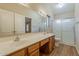 Bright bathroom with double sink vanity, large mirror, and sliding glass door shower at 1660 E Zinnia St, Casa Grande, AZ 85122
