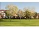 Scenic view of lush green lawn with mature trees in front of the community buildings at 3893 E Gideon Way, Gilbert, AZ 85296