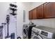Modern laundry room boasts front-load washer/dryer, storage cabinets, and decorative LAUNDRY sign at 6299 S Roanoke St, Gilbert, AZ 85298