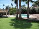 Beautiful backyard with pool, putting green, lush palms, and lounge chairs for relaxation and leisure at 1333 N Higley Rd # 7, Mesa, AZ 85205