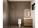 Contemporary bathroom showcasing a glass shower, wood vanity with sink, and modern light fixtures at 7445 E Vista Dr, Scottsdale, AZ 85250