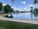Community pond surrounded by green grass, palm trees and townhouses under a blue sky with fluffy clouds at 715 N Cholla St, Chandler, AZ 85224