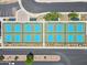 Aerial view of green and blue pickleball courts, street and parking spots nearby at 11320 E Newcastle Ave, Mesa, AZ 85209