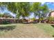 Backyard with mature trees, lush green grass and a built-in firepit at 567 E Tropical Dr, Casa Grande, AZ 85122