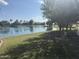 Scenic view of a community pond with lush green grass and mature trees under a clear blue sky at 567 E Tropical Dr, Casa Grande, AZ 85122
