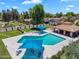 Aerial view of a community pool surrounded by lush green lawns and mature trees under a bright blue sky at 6416 S Kenneth Pl # D, Tempe, AZ 85283